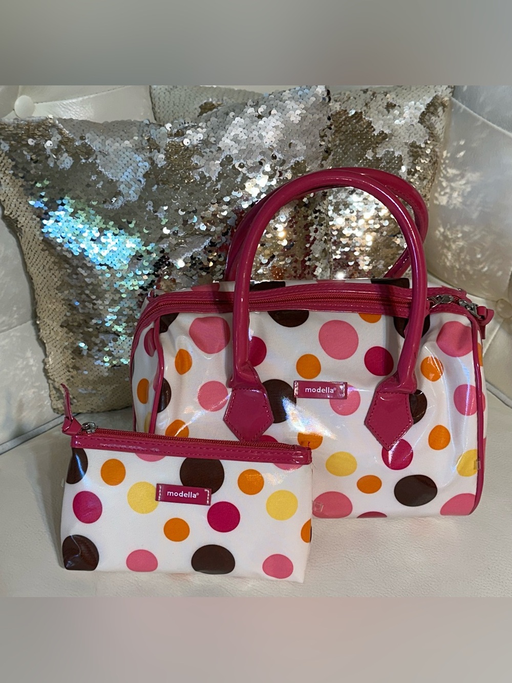 Modella Vintage Y2K Polka Dot Mini Satchel Handbag Cosmetic Makeup Bag Set